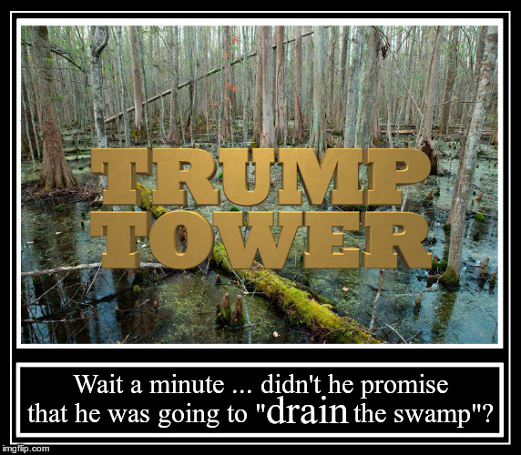 Trump promised he would "drain the swamp", but instead he has been enlarging it. | Wait a minute ... didn't he promise that he was going to "            the swamp"? drain | image tagged in trump tower swamp motivation,drain the swamp,trump,donald trump lie,swamp | made w/ Imgflip meme maker