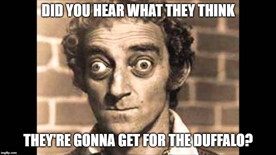 Marty Feldman Eyes | DID YOU HEAR WHAT THEY THINK; THEY'RE GONNA GET FOR THE DUFFALO? | image tagged in marty feldman eyes | made w/ Imgflip meme maker