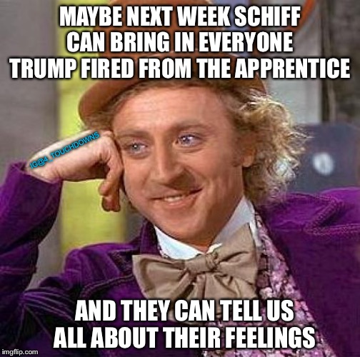 Wrongful Dismissal Hearings | MAYBE NEXT WEEK SCHIFF CAN BRING IN EVERYONE TRUMP FIRED FROM THE APPRENTICE; IG@4_TOUCHDOWNS; AND THEY CAN TELL US ALL ABOUT THEIR FEELINGS | image tagged in impeachment,hoax | made w/ Imgflip meme maker