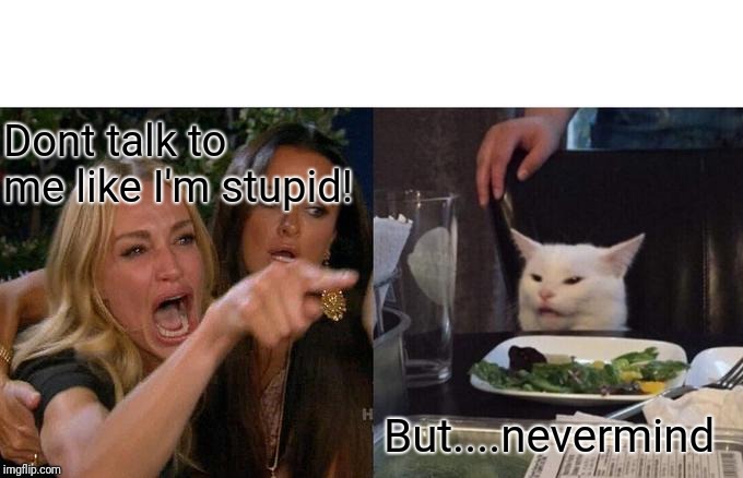 Woman Yelling At Cat Meme |  Dont talk to me like I'm stupid! But....nevermind | image tagged in memes,woman yelling at cat | made w/ Imgflip meme maker