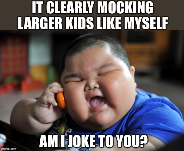 Fat Asian Kid | IT CLEARLY MOCKING LARGER KIDS LIKE MYSELF AM I JOKE TO YOU? | image tagged in fat asian kid | made w/ Imgflip meme maker