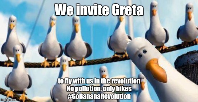 Nemo Birds | We invite Greta; to fly with us in the revolution

No pollution, only bikes

#GoBananaRevolution | image tagged in nemo birds | made w/ Imgflip meme maker