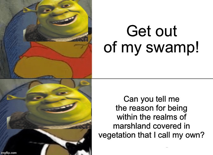 Tuxedo Winnie The Pooh Meme | Get out of my swamp! Can you tell me the reason for being within the realms of marshland covered in vegetation that I call my own? | image tagged in memes,tuxedo winnie the pooh | made w/ Imgflip meme maker