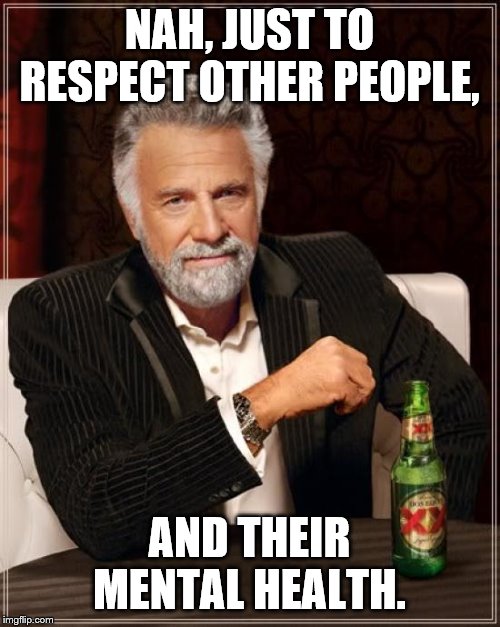 The Most Interesting Man In The World Meme | NAH, JUST TO RESPECT OTHER PEOPLE, AND THEIR MENTAL HEALTH. | image tagged in memes,the most interesting man in the world | made w/ Imgflip meme maker