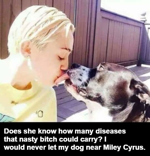 I would never let my dog near that diseased b*tch Miley Cyrus | image tagged in miley cyrus tongue,miley cyrus,stds,slut,whore,blonde bitch meme | made w/ Imgflip meme maker