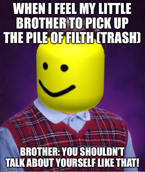 Oof | WHEN I FEEL MY LITTLE BROTHER TO PICK UP THE PILE OF FILTH (TRASH); BROTHER: YOU SHOULDN’T TALK ABOUT YOURSELF LIKE THAT! | image tagged in bad luck brian,oof | made w/ Imgflip meme maker