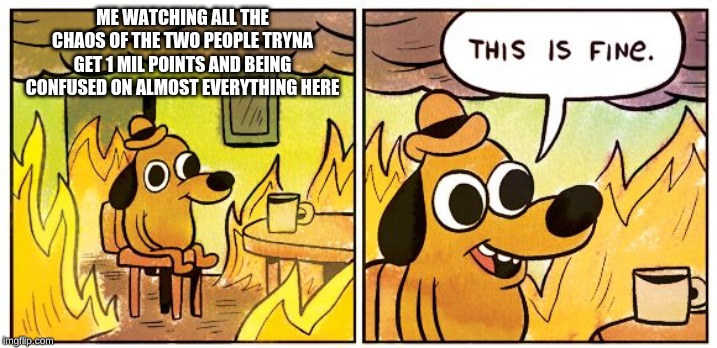 This Is Fine | ME WATCHING ALL THE CHAOS OF THE TWO PEOPLE TRYNA GET 1 MIL POINTS AND BEING CONFUSED ON ALMOST EVERYTHING HERE | image tagged in this is fine dog | made w/ Imgflip meme maker