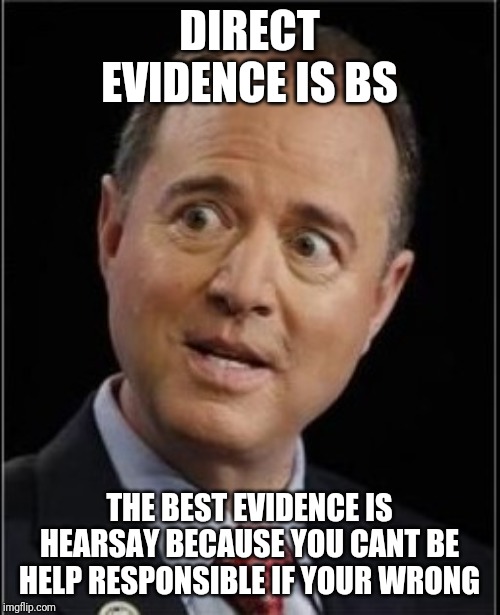 Adam Schiff | DIRECT EVIDENCE IS BS; THE BEST EVIDENCE IS HEARSAY BECAUSE YOU CANT BE HELP RESPONSIBLE IF YOUR WRONG | image tagged in adam schiff | made w/ Imgflip meme maker