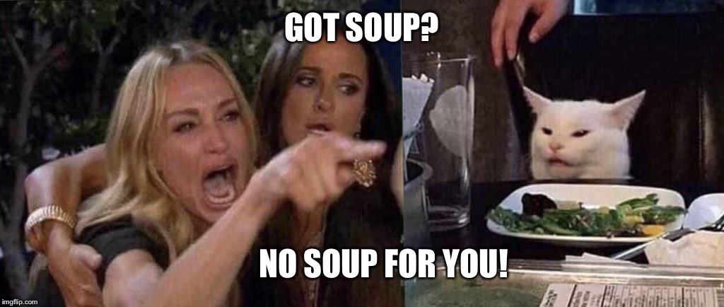 woman yelling at cat | GOT SOUP? NO SOUP FOR YOU! | image tagged in woman yelling at cat | made w/ Imgflip meme maker