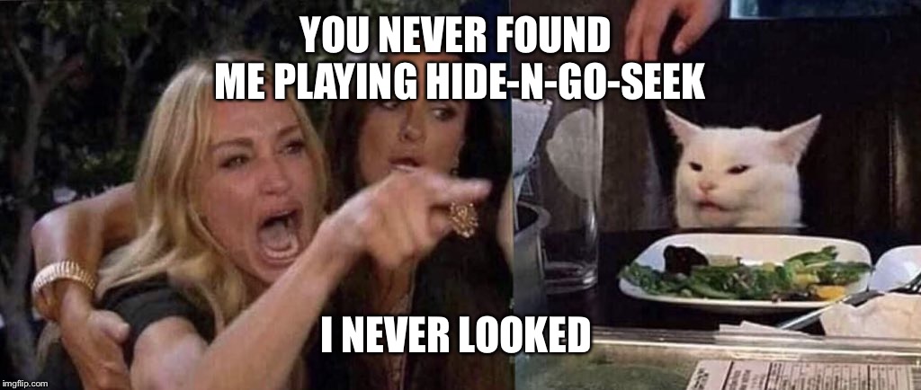 woman yelling at cat | YOU NEVER FOUND 
ME PLAYING HIDE-N-GO-SEEK; I NEVER LOOKED | image tagged in woman yelling at cat | made w/ Imgflip meme maker