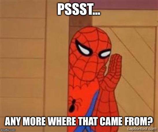 psst spiderman | PSSST... ANY MORE WHERE THAT CAME FROM? | image tagged in psst spiderman | made w/ Imgflip meme maker