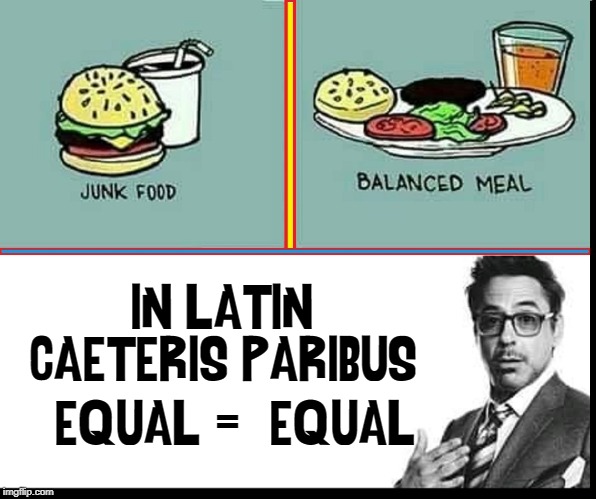 Perception: all things equal ...or not? | IN LATIN: CAETERIS PARIBUS; =; EQUAL     EQUAL | image tagged in vince vance,carbs,protein,vegetables,balanced diet,perception | made w/ Imgflip meme maker