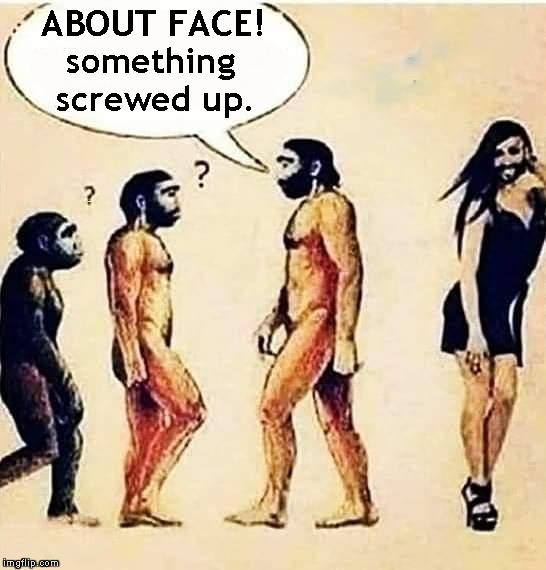 Evolution | ABOUT FACE! something 
screwed up. | image tagged in memes,evolution,gender confusion | made w/ Imgflip meme maker