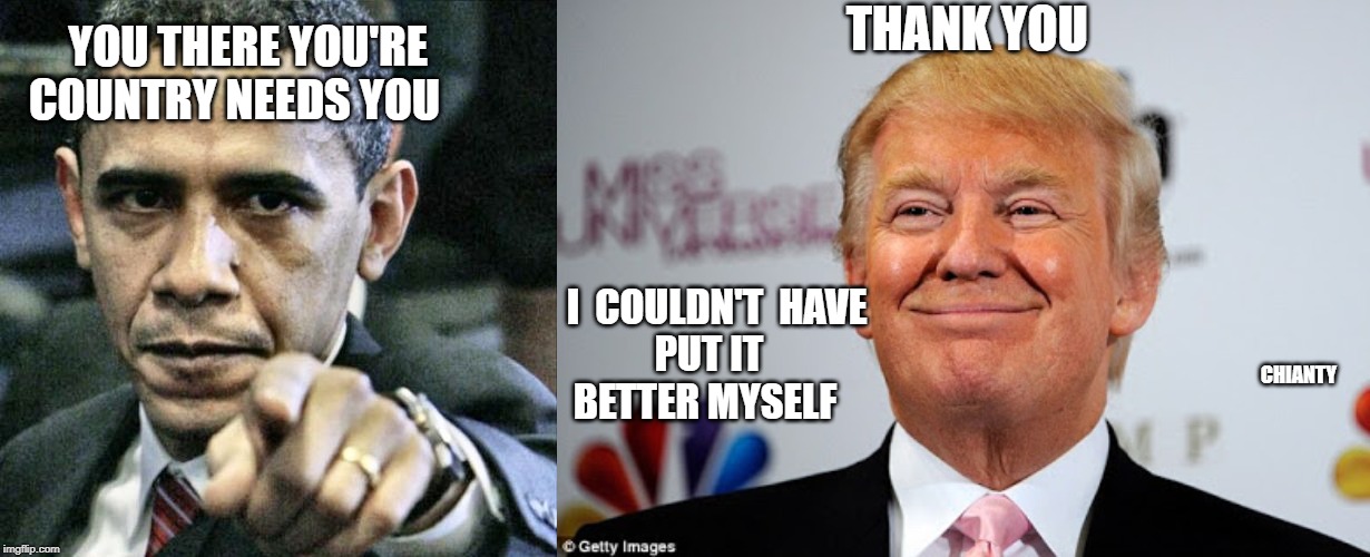 You There | THANK YOU; YOU THERE YOU'RE       COUNTRY NEEDS YOU; I  COULDN'T  HAVE
PUT IT
 BETTER MYSELF; CHIANTY | image tagged in memes,pissed off obama,donald trump approves | made w/ Imgflip meme maker
