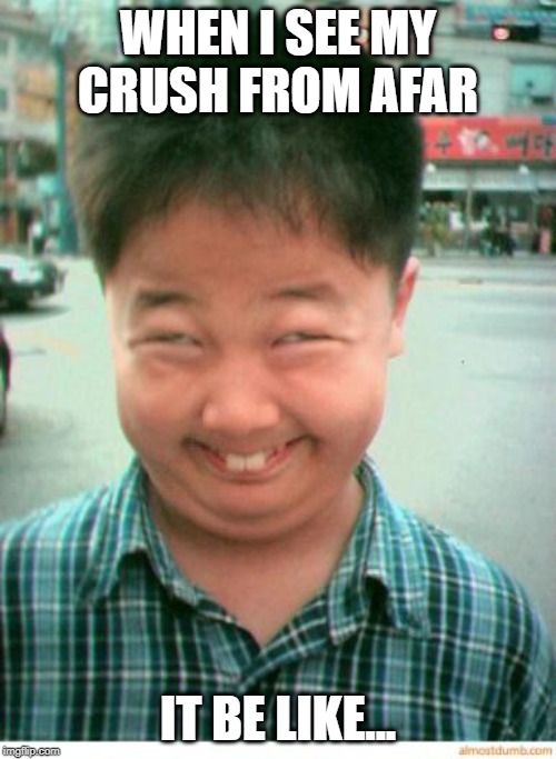 funny asian face | WHEN I SEE MY CRUSH FROM AFAR; IT BE LIKE... | image tagged in funny asian face,crush | made w/ Imgflip meme maker