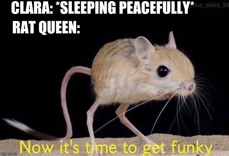Now it’s time to get funky | CLARA: *SLEEPING PEACEFULLY*; RAT QUEEN: | image tagged in now its time to get funky | made w/ Imgflip meme maker