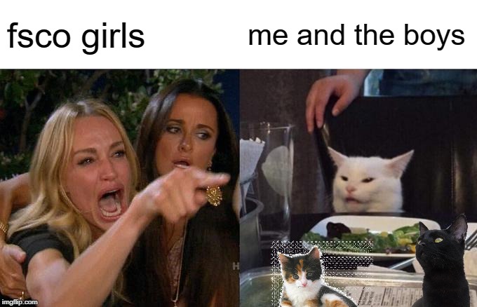 Woman Yelling At Cat Meme | fsco girls; me and the boys | image tagged in memes,woman yelling at cat | made w/ Imgflip meme maker