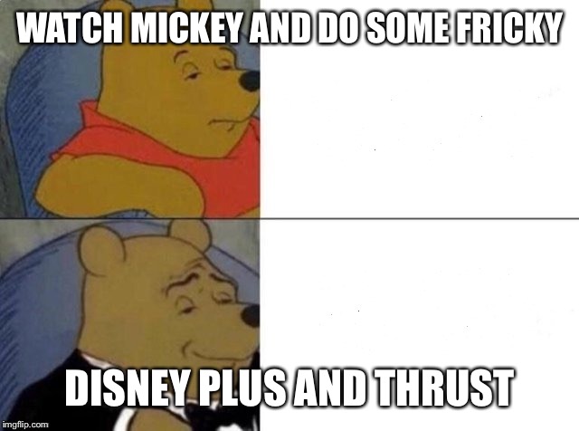 Classy Pooh Bear | WATCH MICKEY AND DO SOME FRICKY; DISNEY PLUS AND THRUST | image tagged in classy pooh bear | made w/ Imgflip meme maker