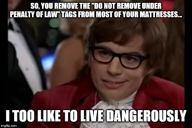 I Too Like To Live Dangerously | SO, YOU REMOVE THE "DO NOT REMOVE UNDER PENALTY OF LAW" TAGS FROM MOST OF YOUR MATTRESSES... I TOO LIKE TO LIVE DANGEROUSLY | image tagged in memes,i too like to live dangerously | made w/ Imgflip meme maker