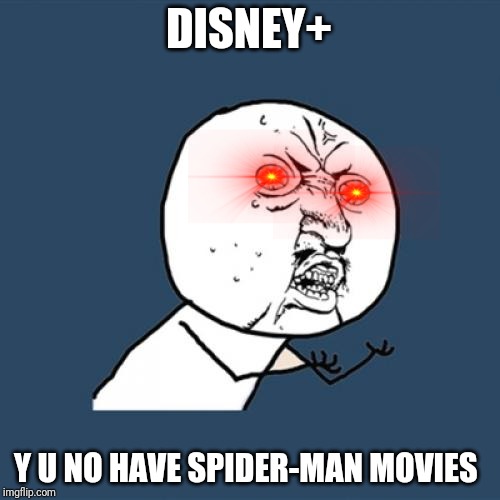 Disney+ Y U No | DISNEY+; Y U NO HAVE SPIDER-MAN MOVIES | image tagged in memes,y u no,funny,disney plus,marvel,spiderman | made w/ Imgflip meme maker