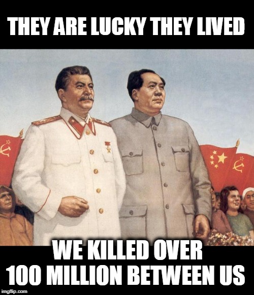 Stalin and Mao | THEY ARE LUCKY THEY LIVED WE KILLED OVER 100 MILLION BETWEEN US | image tagged in stalin and mao | made w/ Imgflip meme maker