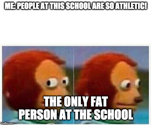 Monkey Puppet Meme | ME: PEOPLE AT THIS SCHOOL ARE SO ATHLETIC! THE ONLY FAT PERSON AT THE SCHOOL | image tagged in monkey puppet | made w/ Imgflip meme maker