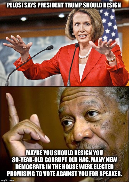PELOSI SAYS PRESIDENT TRUMP SHOULD RESIGN; MAYBE YOU SHOULD RESIGN YOU 80-YEAR-OLD CORRUPT OLD HAG. MANY NEW DEMOCRATS IN THE HOUSE WERE ELECTED PROMISING TO VOTE AGAINST YOU FOR SPEAKER. | image tagged in this morgan freeman,nancy pelosi is crazy,nancy pelosi,trump impeachment,democrats | made w/ Imgflip meme maker