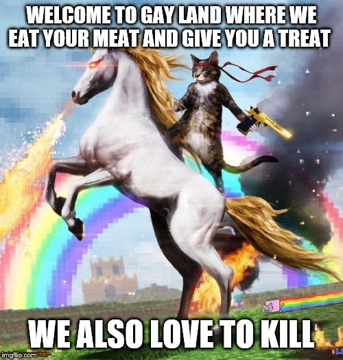 Welcome To The Internets Meme | WELCOME TO GAY LAND WHERE WE EAT YOUR MEAT AND GIVE YOU A TREAT; WE ALSO LOVE TO KILL | image tagged in memes,welcome to the internets,funny memes,craziness_all_the_way,the most interesting man in the world | made w/ Imgflip meme maker