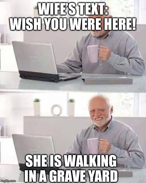 Hide the Pain Harold Meme | WIFE’S TEXT: WISH YOU WERE HERE! SHE IS WALKING IN A GRAVE YARD | image tagged in memes,hide the pain harold | made w/ Imgflip meme maker