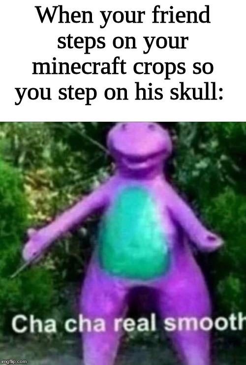 Get nae naed as well you fool |  When your friend steps on your minecraft crops so you step on his skull: | image tagged in cha cha real smooth,memes,gifs,lmao,minecraft | made w/ Imgflip meme maker