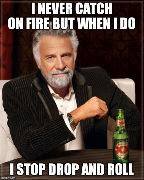 The Most Interesting Man In The World Meme | I NEVER CATCH ON FIRE BUT WHEN I DO; I STOP DROP AND ROLL | image tagged in memes,the most interesting man in the world | made w/ Imgflip meme maker