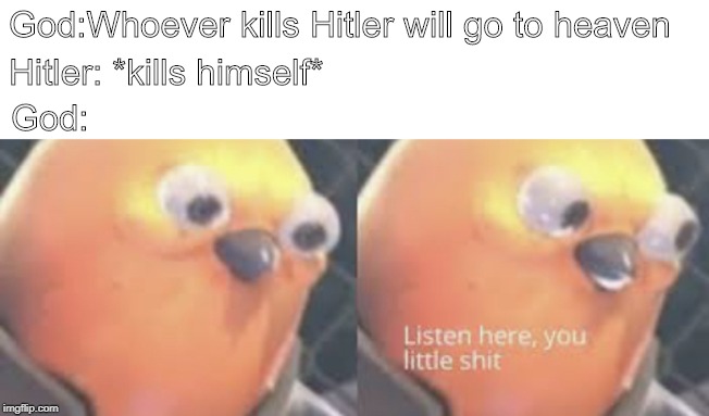 Listen here you little shit bird | God:Whoever kills Hitler will go to heaven; Hitler: *kills himself*; God: | image tagged in listen here you little shit bird | made w/ Imgflip meme maker