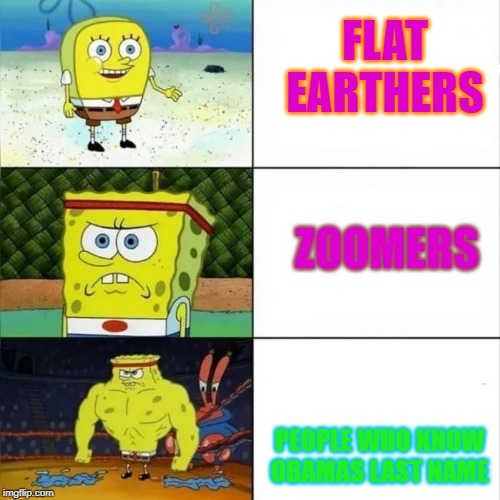 Bulky sponge bob | FLAT EARTHERS; ZOOMERS; PEOPLE WHO KNOW OBAMAS LAST NAME | image tagged in bulky sponge bob | made w/ Imgflip meme maker