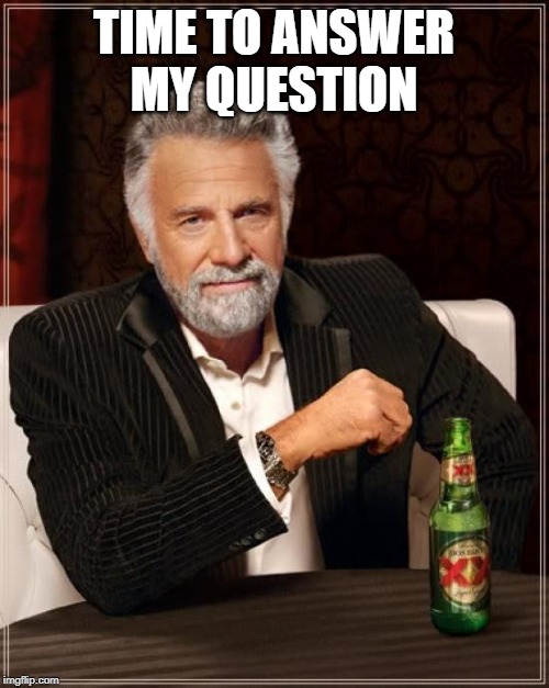 The Most Interesting Man In The World Meme | TIME TO ANSWER MY QUESTION | image tagged in memes,the most interesting man in the world | made w/ Imgflip meme maker