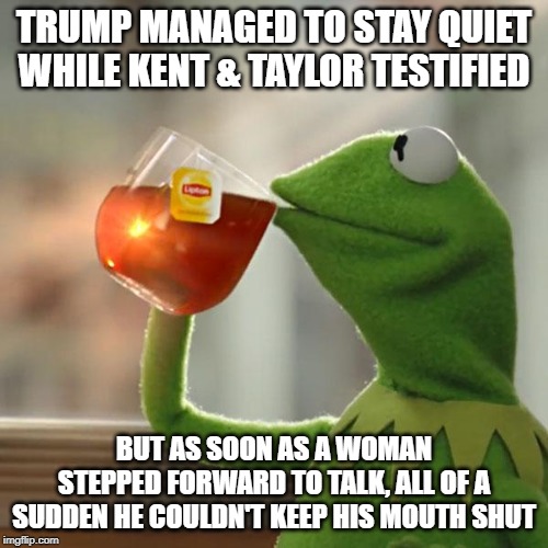 But That's None Of My Business | TRUMP MANAGED TO STAY QUIET WHILE KENT & TAYLOR TESTIFIED; BUT AS SOON AS A WOMAN STEPPED FORWARD TO TALK, ALL OF A SUDDEN HE COULDN'T KEEP HIS MOUTH SHUT | image tagged in memes,but thats none of my business,impeach trump,donald trump is an idiot | made w/ Imgflip meme maker