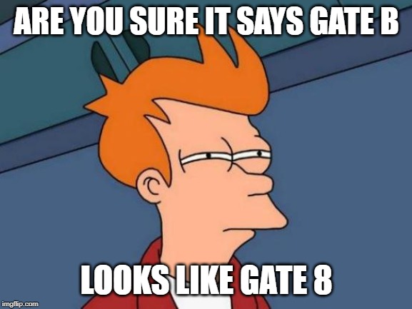 Futurama Fry | ARE YOU SURE IT SAYS GATE B; LOOKS LIKE GATE 8 | image tagged in memes,futurama fry | made w/ Imgflip meme maker