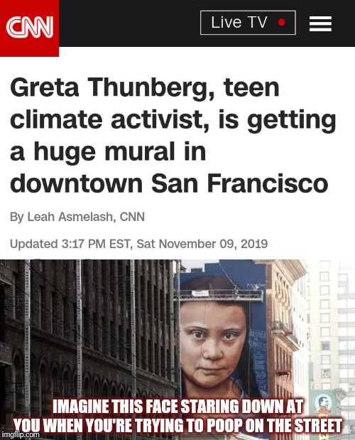 This got booted from Fun by a butthurt snowflake mod after it got 100+ upvotes lol | IMAGINE THIS FACE STARING DOWN AT YOU WHEN YOU'RE TRYING TO POOP ON THE STREET | image tagged in poop,san francisco,greta thunberg | made w/ Imgflip meme maker