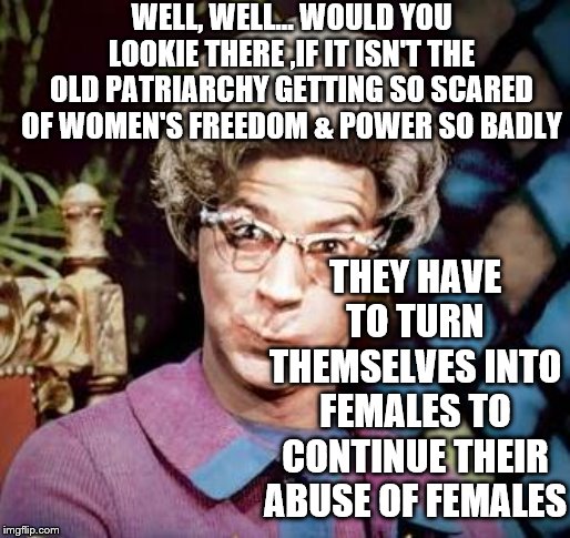 Church Lady | WELL, WELL... WOULD YOU LOOKIE THERE ,IF IT ISN'T THE OLD PATRIARCHY GETTING SO SCARED OF WOMEN'S FREEDOM & POWER SO BADLY; THEY HAVE TO TURN THEMSELVES INTO FEMALES TO CONTINUE THEIR ABUSE OF FEMALES | image tagged in church lady | made w/ Imgflip meme maker