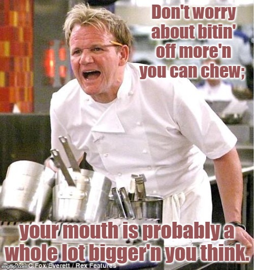 Chef Gordon Ramsay | Don't worry about bitin' off more'n you can chew;; your mouth is probably a whole lot bigger'n you think. | image tagged in memes,chef gordon ramsay | made w/ Imgflip meme maker