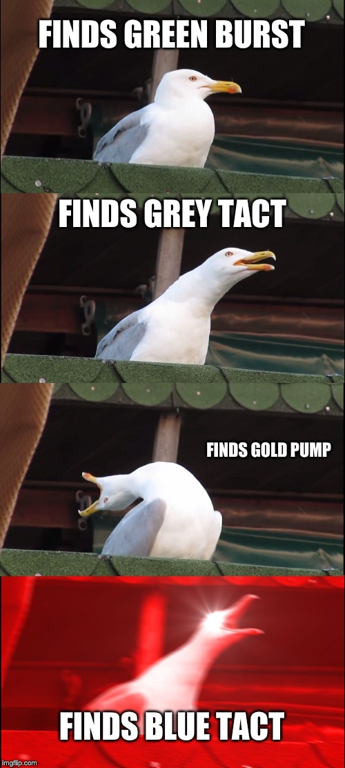 Inhaling Seagull Meme | FINDS GREEN BURST; FINDS GREY TACT; FINDS GOLD PUMP; FINDS BLUE TACT | image tagged in memes,inhaling seagull | made w/ Imgflip meme maker