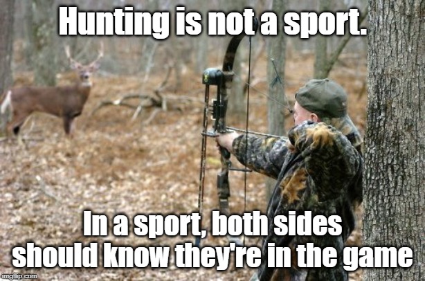 Hunting is not a sport | Hunting is not a sport. In a sport, both sides should know they're in the game | image tagged in quotes | made w/ Imgflip meme maker