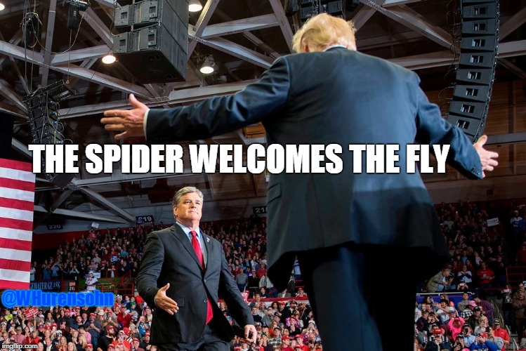 “Will you walk into my parlor?” | THE SPIDER WELCOMES THE FLY; @WHurensohn | image tagged in hannity,trump,spider and fly | made w/ Imgflip meme maker
