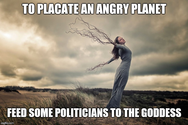 Pagan Goddess | TO PLACATE AN ANGRY PLANET; FEED SOME POLITICIANS TO THE GODDESS | image tagged in pagan goddess | made w/ Imgflip meme maker