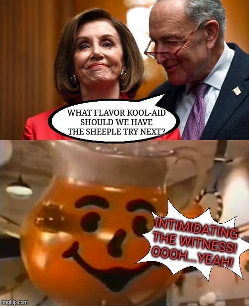 There is a new flavored kool-aid...drink up kids! | WHAT FLAVOR KOOL-AID SHOULD WE HAVE THE SHEEPLE TRY NEXT? INTIMIDATING THE WITNESS! OOOH...YEAH! | image tagged in nancy pelosi,adam schiff,government corruption,kool-aid,lies,fake news | made w/ Imgflip meme maker