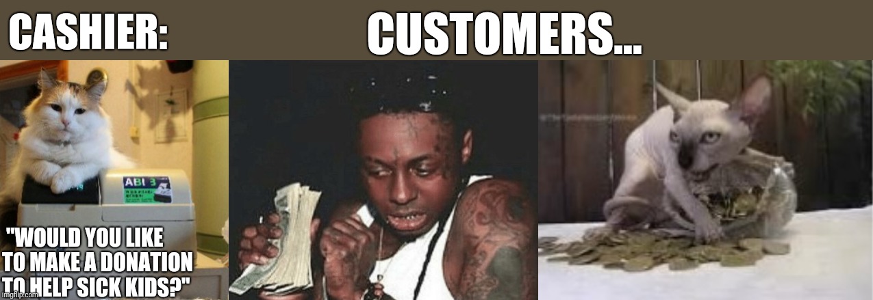 Question for ya | CUSTOMERS... CASHIER:; "WOULD YOU LIKE TO MAKE A DONATION TO HELP SICK KIDS?" | image tagged in customers,donations,grocery store,retail,cats,cashier | made w/ Imgflip meme maker