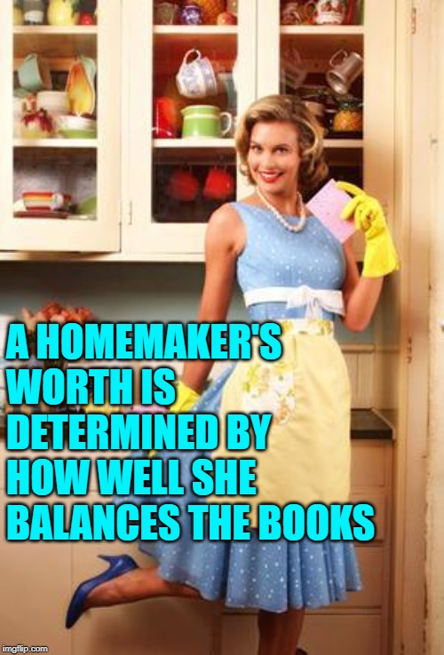 The Worthy Homemaker | A HOMEMAKER'S WORTH IS DETERMINED BY HOW WELL SHE BALANCES THE BOOKS | image tagged in housewife,sassy,money,economics,funny memes,female logic | made w/ Imgflip meme maker