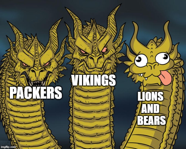 Three-headed Dragon | VIKINGS; PACKERS; LIONS 
AND 
BEARS | image tagged in three-headed dragon | made w/ Imgflip meme maker