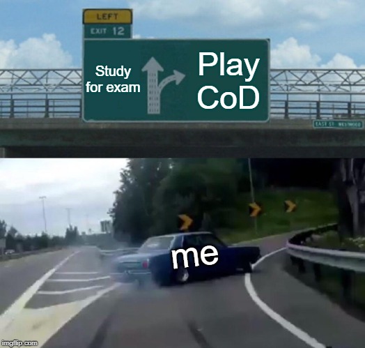 Left Exit 12 Off Ramp Meme | Study for exam; Play CoD; me | image tagged in memes,left exit 12 off ramp | made w/ Imgflip meme maker