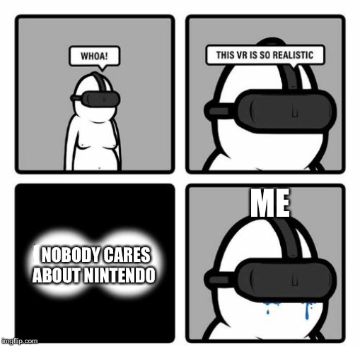 Whoa! This VR is so realistic! | ME; NOBODY CARES ABOUT NINTENDO | image tagged in whoa this vr is so realistic | made w/ Imgflip meme maker