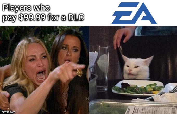 Woman Yelling At Cat | Players who pay $99.99 for a DLC | image tagged in memes,woman yelling at cat | made w/ Imgflip meme maker